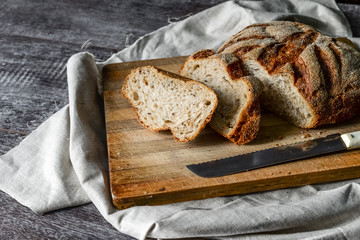 Fresh homemade buckwheat bread. healthy sourdough bread. Dark background with place for text.