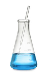 Conical flask with light blue liquid isolated on white