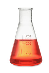 Conical flask with red liquid isolated on white