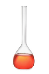 Volumetric flask with red liquid isolated on white