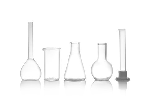 Clean empty laboratory glassware isolated on white