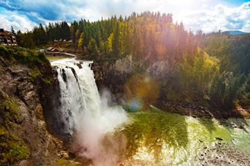 View of Snoqualmie Falls is a 268-foot waterfall in the northwest United States near Seattle,...
