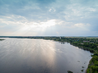 Aerial view. Beautiful landscape lake in the green forest. Forest lake summer landscape. Beauty concept background.