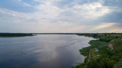 Aerial view. Beautiful landscape lake in the green forest. Forest lake summer landscape. Beauty concept background.