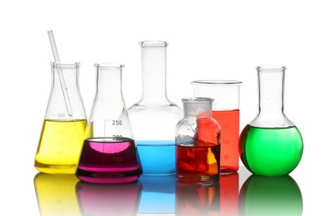 Different laboratory glassware with colorful liquids isolated on white