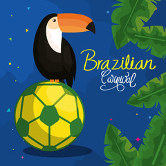 Naklejka premium poster of carnival brazilian with toucan and soccer ball