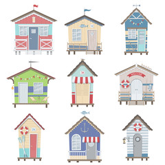 Set of nine beach stilt houses isolated on a white background.