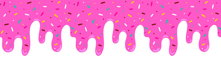 Pink ice cream melted with colorful cute candy sprinkles long border, banner seamless pattern, vector white background - 321478591