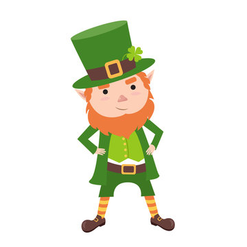 Cartoon Leprechaun in green frock coat and top hat with four-leaf clover. Saint Patrick´s Day card. Vector illustration. Traditional Irish holiday character. Isolated on white background
