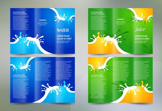 Business brochure set design template folder booklet tri-fold water aqua blue, juice splash orange drops element