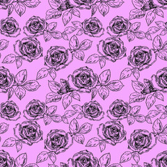 Roses with leaves in line art style. Flower vector seamless pattern.