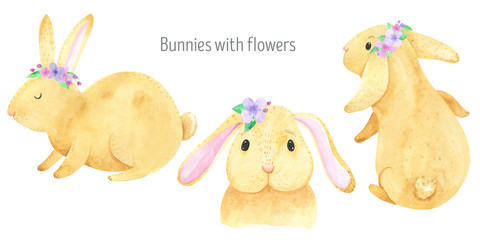 Watercolor cute red rabbit, funny bunny. Baby cute animal, baby pets. Wild, forest animal, farm, pink and lilac flowers, grenery. Illustration rabbit. Happy easter, Easter Bunny