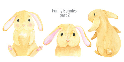 Watercolor cute red rabbit, funny bunny. Baby cute animal, baby pets. Wild, forest animal, farm. Illustration rabbit. Happy easter, Easter Bunny.