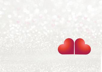 White texture background with glittering sparkles and two red hearts. Festive glitter background.