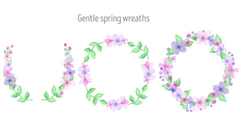 Watercolor spring wreath of pastel flowers and spring greens. Happy Easter, Wild Illustration frame delicate pink and lilac flowers