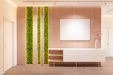 Modern interior in eco style with a blank horizontal poster on a wooden wall, backlit moss, a vase with a lunar on a white pedestal and two doors. Front view. 3d render