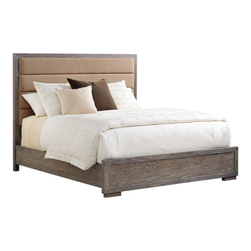 Queen Size Bed Isolated On White Background. Italia Queen-Size Wooden Bed With Linen & Oak Wood Framed Channel Upholstered Headboard. Casual Contemporary Bedroom Collection Furniture Side View