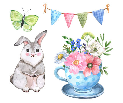 Watercolor spring set with hand painted cute little bunny, tea cup, beautiful floral bouquet, bunting garland and butterfly, isolated on white background. Easter card elements. Nursery illustration