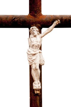 Destroyed ancient iron statue of the crucifixion of Jesus Christ isolated on white background.