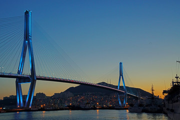 Busan port and Busan port bridge in the evening