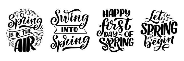 Set with Spring time lettering greeting cards. Fun season slogans. Typography posters or banners for promotion and sale design. Calligraphy prints. Vector