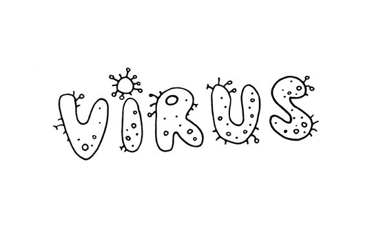 Coronavirus,Virus. Outline contour lettering doodle handwritten black and white