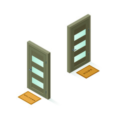 Vector isometric front doors with carpet. Interior constructor 