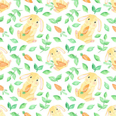Watercolor seamless pattern cute red rabbit, funny bunny. Baby cute animal, forest animal, farm. Carrot, grenery. Happy easter print, Easter Bunny, digital paper.