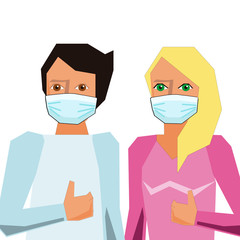A black hair man and a blond hair woman wearing masks to protect from virus, showing thumbs up, isolated on white background