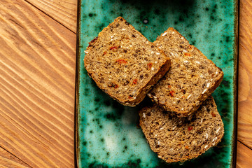 Dark rue bread with sunflower seeds. top view