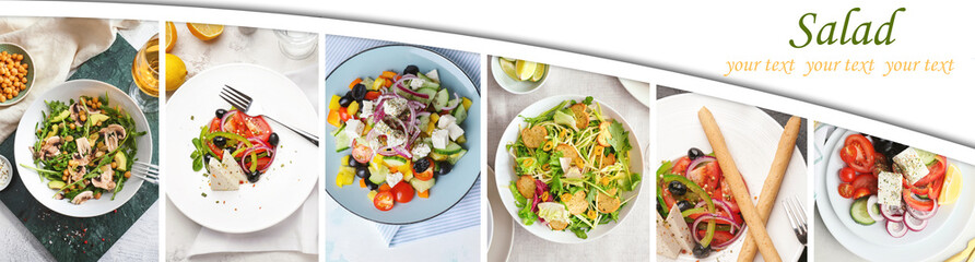 Collage of photos with different tasty salads and space for text