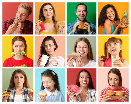Collage of photos with different people and their tasty food