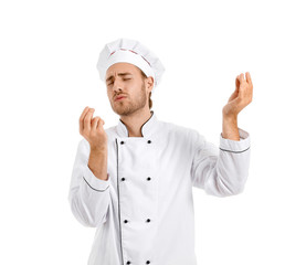 Happy male chef on white background