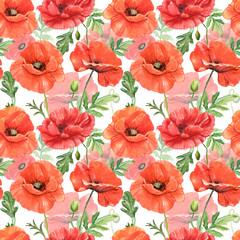 Watercolor poppy flowers botanical seamless pattern. hand painted red poppies with green leaves on white background. Wild flowers me Floral meadow illustration on white background. Botanical wallpaper