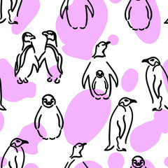 Obraz premium Penguins animals , birds vector seamless pattern with pink stains . Concept for print, textile, cards
