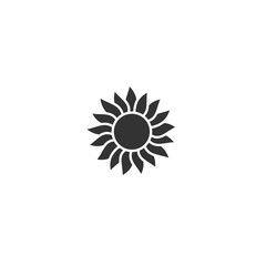 Black flat icon of sunflower. Bloom with big sharp petals and round core.