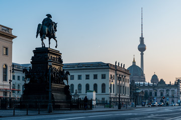 The Statue of Friedrich the Great and the Fernsehturm in Berlin 