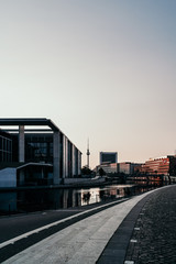 Fototapeta na wymiar The Sunrise over the government district in Berlin X