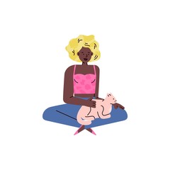African american woman stroking cat, sketch doodle vector illustration isolated.