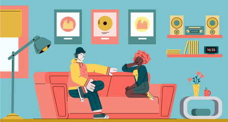 Couple sitting on couch and talking vector illustration in sketch cartoon style.