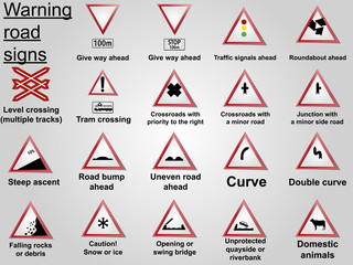 Volume road traffic street sign, vector illustration collection isolated on white background for learning, education, driving courses, sticker, icon.