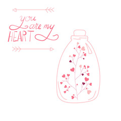 Greeting card for Valentine's Day. Bottle with a sprig inside. You are my heart. Vector.