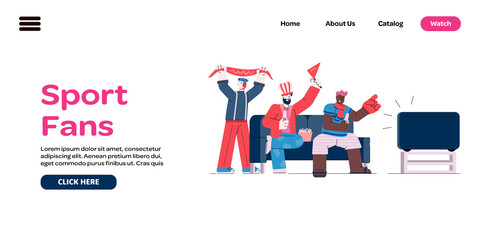 Sport game fans characters watch TV sketch cartoon vector illustration isolated.