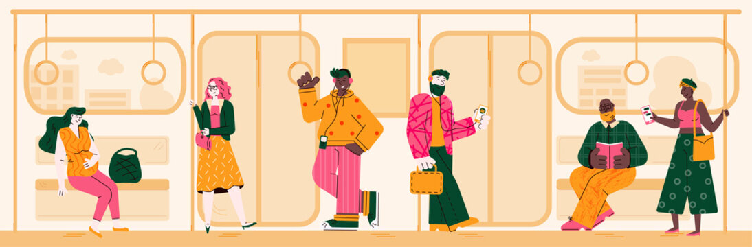 Subway background with people on way to home or work, flat vector illustration.