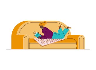 Woman enjoys vacant time and book on sofa,sketch vector illustration isolated.