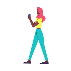 Woman cartoon character walking with smartphone flat vector illustration isolated.