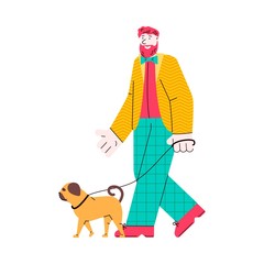 Bearded man walking a dog - flat cartoon characters vector illustration isolated.