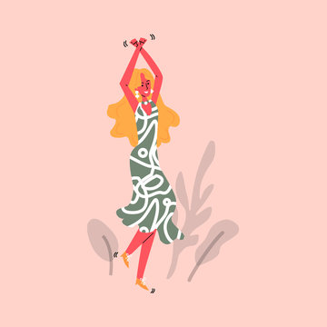 Blonde woman dancing in sun dress and smiling - happy cartoon girl dance move