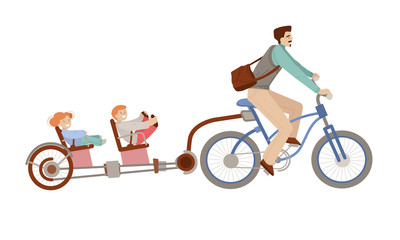 Fototapeta na wymiar Happy father riding a bicycle with two kids on back Child Bike trailer. Happy family on bicycle, man and kids - vector cartoon illustration, isolated on white background