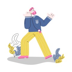 Bearded man cartoon character listening music flat vector illustration isolated.